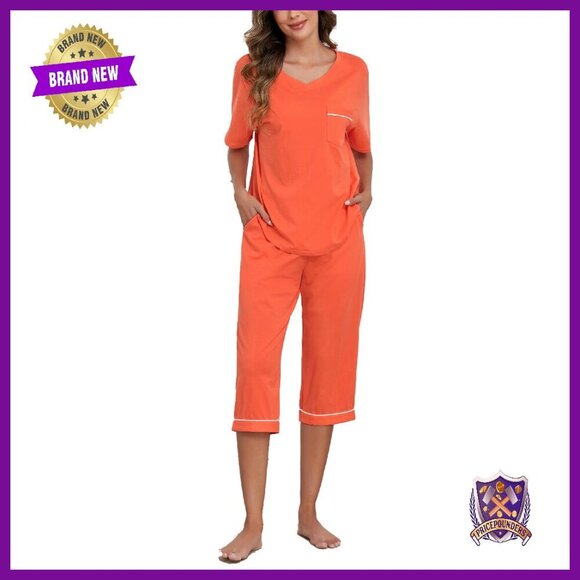 Other - Women's 100% Cotton Pajama Set Short Sleeve Shirt Capri Pants Pockets